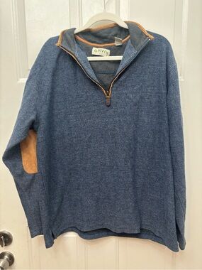 Orvis Men’s Denim Blue Half-Zip Sweater with Tan Elbow Patches